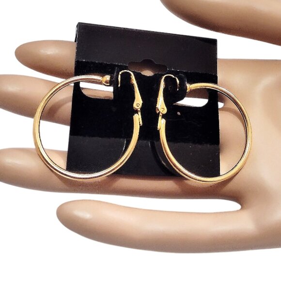 1 1/4" Polished 32mm Hoops Clip On Earrings Gold Plated 2mm Tube Round Smooth - Picture 5 of 5